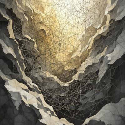 The primary subject of the image is a large, intricate, and detailed drawing of a mountainous landscape. The drawing features a mix of black and gold colors, creating a striking visual effect. The setting is a rocky mountain range, with the sun shining through the clouds, illuminating the scene. The visual style of the image is a combination of digital art and illustration, showcasing the artist's skill in creating a realistic and captivating representation of the mountainous terrain. The overall atmosphere of the image is